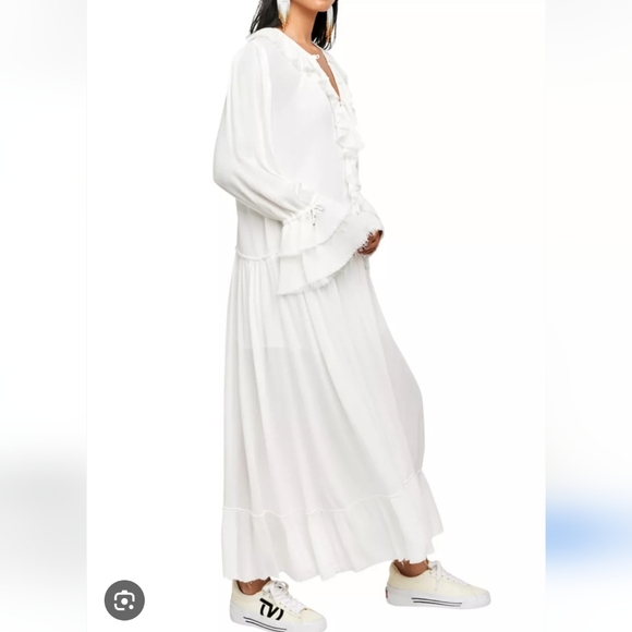 Free People Darlin Ivory Maxi Dress Raw Edge Tiers Ruffles Frilly Sleeves Boho - Picture 6 of 11